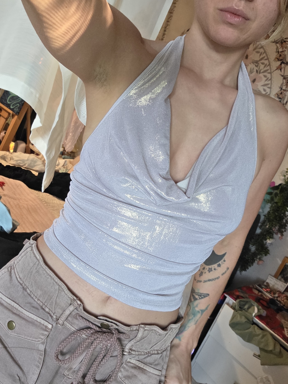 SHEIN Shimmery Silver/gold Halter Crop Tank Top